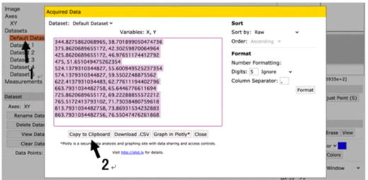 Acquired Data ダイアログの Copy to Clipboard / Download .CSV